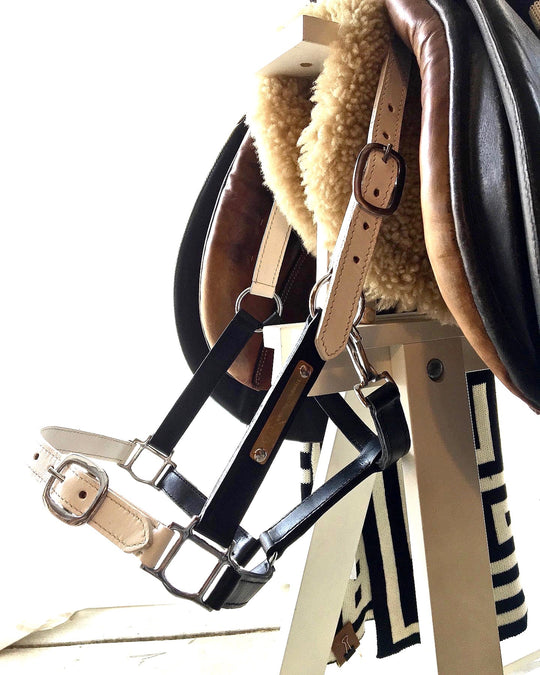 KHUMBA HALTER | Leather Halter in Black & White | With Brass Name Plate - AtelierCG™