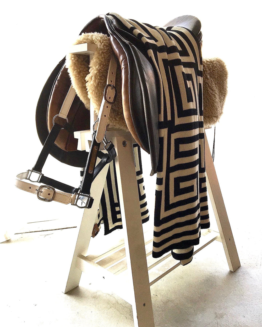 KHUMBA HALTER | Leather Halter in Black & White | With Brass Name Plate - AtelierCG™