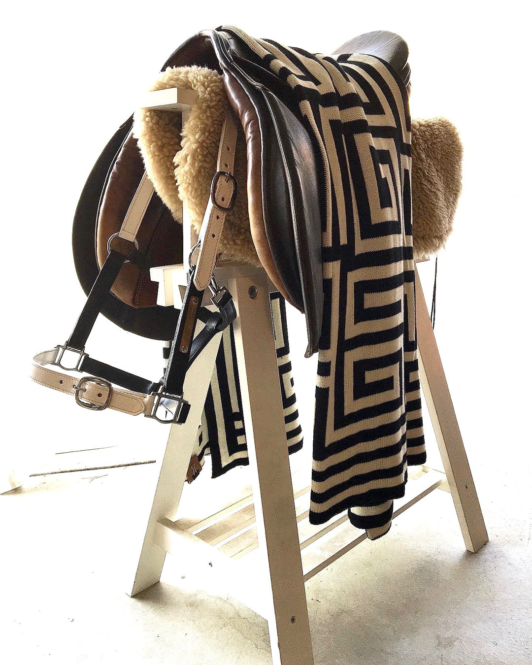 KHUMBA HALTER | Leather Halter in Black & White | With Brass Name Plate - AtelierCG™